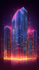 Poster - A cityscape with neon lights and a glowing building. The city is lit up in a neon color scheme, giving it a futuristic and vibrant feel