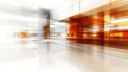Poster - A large room with white walls and orange and brown accents. The room is empty and has a modern, minimalist feel