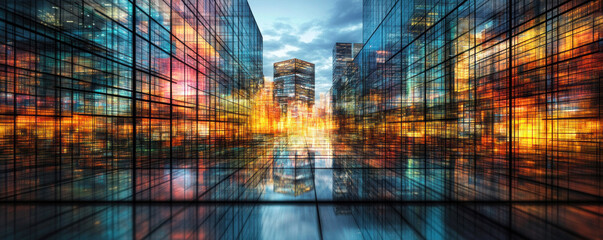 Poster - A cityscape with a large building in the middle and a reflection of it in the water. The sky is cloudy and the colors are vibrant