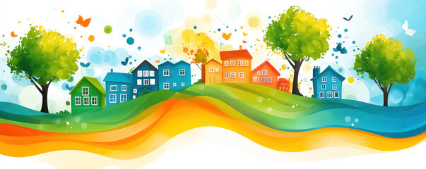 Poster - A colorful cityscape with houses and trees. The houses are of different colors and sizes, and the trees are green. The scene is lively and vibrant, with a sense of community and nature