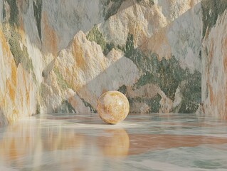 Poster - Smooth, golden sphere rests on a polished, marble floor.