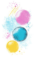 Poster - Three colorful circles with a blue one in the middle. The circles are surrounded by splatters of paint, giving the impression of a messy, abstract composition. Scene is energetic and playful