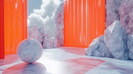 Poster - Abstract interior design with orange panels and white rocks.