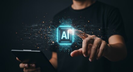 Poster - Man interacting with a digital AI interface, pointing to a glowing circuit board with the letters AI, representing artificial intelligence, technology, and innovation