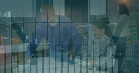 Poster - Three colleagues reviewing papers in modern business office, showing animated finance charts