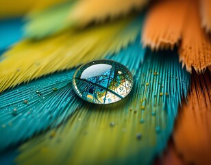 Aufkleber - Water Drop, A Macro Shot, Rests Gently On Vibrant Feathers, Showcasing Stunning Reflections. Nature's Beauty. Detailed, Colorful, Artistic. Close Up, Peaceful Scene, Capturing The Delicate Balance,