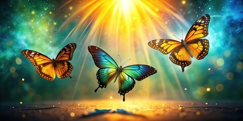 Wall Mural - three vibrant butterflies in flight, bathed in ethereal golden light, against a dreamy, bokeh-filled