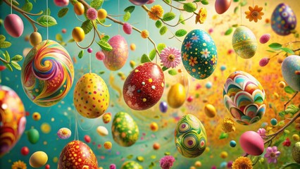 Wall Mural - Whimsical Springtime Decor Vibrant Painted Eggs Hanging from Blooming Branches in a Festive Celebration