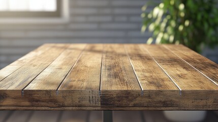 Poster - Close-up of rustic light brown wooden table showcasing rich wood grain and texture with blurred background of a bright window and brick wall decor