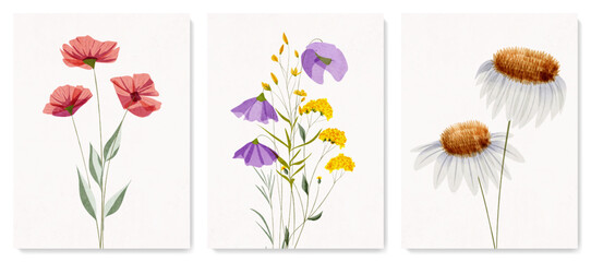 Wall Mural - floral botanical art background with hand drawn wild flowers. vector floral set for decor, print, wa