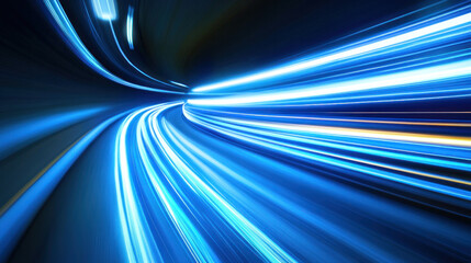 Poster - A blue lighted highway with a long blue line. The line is moving and the highway is empty