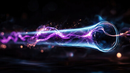 Poster - Glowing, swirling energy beam vibrant purple and blue hues flows through transparent tube, creating dynamic and futuristic visual effect. scene is set against dark background, highlighting vivid