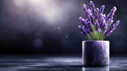 Poster - Hyperrealistic image of lavender plant sculpture in purple pot, set against blurred background with soft lighting and serene atmosphere