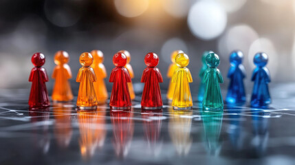 Poster - Colorful glass figurines stand in row on reflective surface, creating vibrant and playful scene. bokeh background adds depth and highlights vivid colors of figures