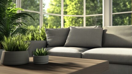 Poster - Sunlit Living Room with Gray Fabric Sofa, Decorative Pillows, Potted Plants on Coffee Table, Expansive Bay in Warm Relaxing Atmosphere