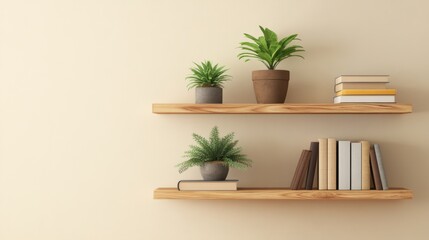 Poster - Rustic wooden shelves mounted on a pale beige wall displaying curated collection of potted plants and books for a charming home interior accent design