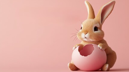 Poster - Adorable cartoon bunny rabbit against a soft pale pink background, gently holding a broken pale pink egg in a charming and whical style illustration