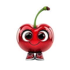 Fototapete - Cartoon cherry, stylized with large eyes and a joyful expression, wearing red shoes.