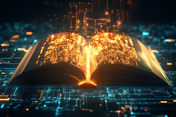 Poster - An open book with glowing data streams rising above, set against a digital background