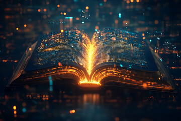 Poster - An open book emitting glowing data particles in a futuristic digital landscape at night