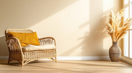 Poster - Sunlit room with a wicker armchair, mustard-yellow pillow, vase of pampas grass, light beige walls, and soft floo creating a cozy atmosphere