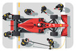 © juni - Overhead vector illustration of a Formula 1 race car speeding into a pit stop, tires blurred, mechanics visible.