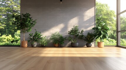 Poster - Sunlit Minimalist Interior with Light Wood Floor, Concrete Wall, Large Window, and a Row of Potted Plants in Various Sizes and Shades of Green Decor