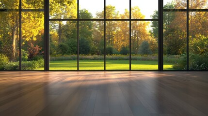 Poster - Spacious room with dark hardwood floors and floor-to-ceiling displaying a beautiful lush autumnal garden in warm natural sunlight ambiance