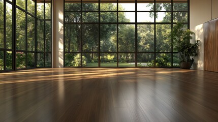 Poster - Sunlit Spacious Room with Expansive Showcasing Verdant Landscape Features Polished Hardwood Floors and a Minimalist Interior Aesthetic