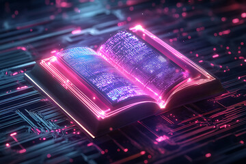 Poster - An illuminated open book with glowing digital code on a futuristic circuit background