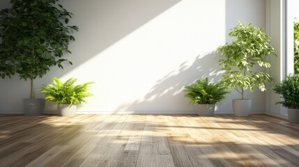 Poster - Sunlit Minimalist Room Featu Hardwood Floors and Lush Potted Plants Set Against a Bright White Wall Creating a Calming and Inviting Atmosphere