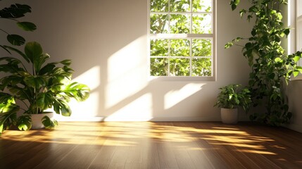 Poster - Sunlight Streams Through a Large Window into a Minimalist Room with Hardwood Floors Illuminating Potted Plants on Each Side Creating a Cozy Atmosphere