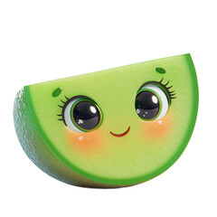 Fototapete - Digitally rendered, cheerful depiction of a cartoon kiwi slice with expressive eyes and a joyful expression.  A vibrant, kawaii style.