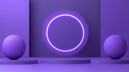 Poster - A purple and white room with a purple circle in the middle. The circle is lit up and surrounded by three purple balls