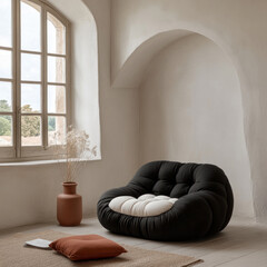 Poster - A black and white chair sits in front of a window with a vase of flowers on a table. The chair is large and comfortable, and the room has a cozy and inviting atmosphere