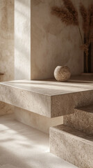 Poster - A vase sits on a ledge in front of a wall. The vase is made of stone and is placed on a ledge that is made of stone. The room is empty