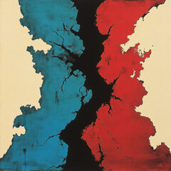 Poster - A painting of a blue and red line with a white background. The blue and red lines are broken and the white background is cracked. The painting conveys a sense of destruction and chaos