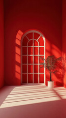 Poster - A red room with a white door and a plant in a white pot. The room is very bright and the sunlight is shining through the window