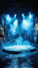 Poster - A stage with blue lights and smoke. Scene is mysterious and dramatic