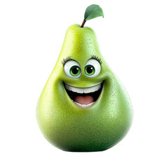 Fototapete - Digital illustration of a pear with a cartoon face, characterized by large eyes and a wide grin, presented against a plain background.
