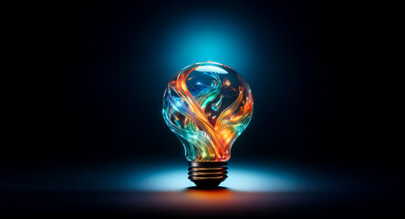 Canvas Print - a glowing lightbulb, filled with vibrant orange and blue swirling energy, sits on a dark surface, il