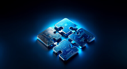 Poster - glowing blue puzzle pieces interlock, forming a digital, technological solution. the pieces are tran