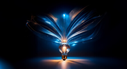 Poster - Abstract glowing lightbulb with flowing, metallic, blue and dark gray wings.  The light emanates from the bulb, illuminating the surrounding darkness.