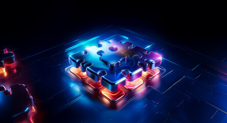 Poster - glowing puzzle pieces form a cube on a reflective surface, illuminated by vibrant blue and red light