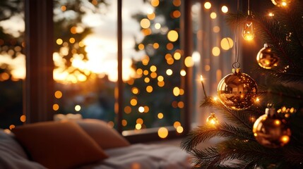 Poster - Warm Golden Hour Light Streaming Through a Large Window Illuminating a Cozy Bedroom Scene with a Partially Visible Bed and a Christmas Tree