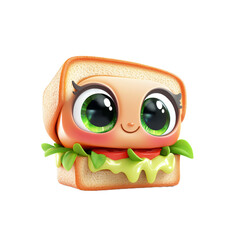 Fototapete - Three-dimensional, stylized sandwich design with large, expressive eyes and a cheerful expression.  The character is presented in a vibrant, cartoonish style.