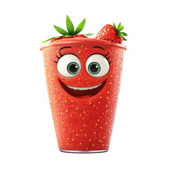 Fototapete - Cartoon depiction of a strawberry smoothie in a glass, featuring a cheerful face with large eyes and a smile.  It is a vibrant red color.