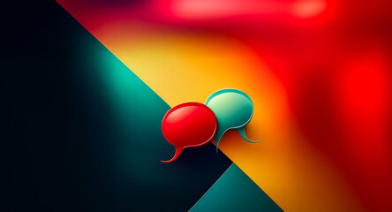 Poster - two glossy speech bubbles, red and teal, rest on a vibrant, geometric background of dark teal, orang