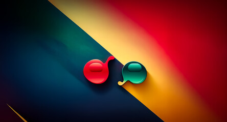 Poster - Abstract image featuring two glossy spheres, red and green, resting on intersecting diagonal stripes of deep blue, gold, and crimson.  The spheres have a subtle 3D effect and cast soft shadows.