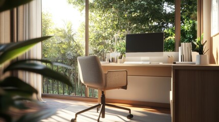 Poster - Sunlit Minimalist Home Office Design Featu Light Wood Desk, Grey Fabric Chair, Computer Monitor, and Lush Green Foliage Through Large